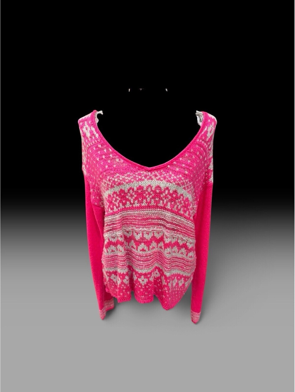 Aéropostale Women's Fair Isle V-Neck Long Sleeve Knit Sweater Pink White XL NWT